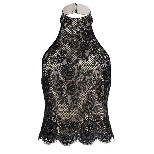 Damen Elegantes Spitzenoberteil mit hochgeschlossenem Design EB