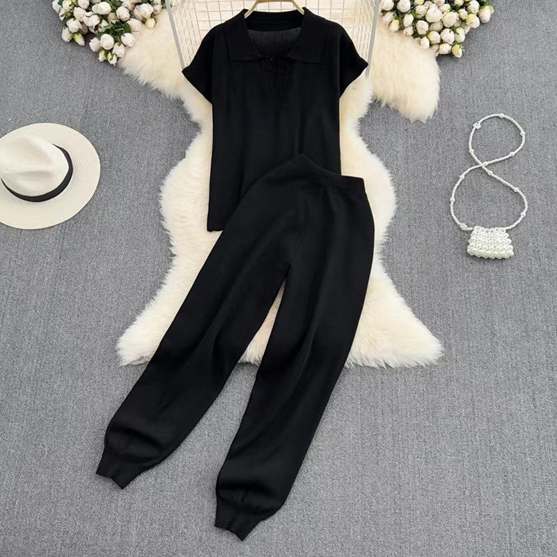 Damen elegantes Lounge-Set mit kurzärmligem Polo und weiten Hosen EB
