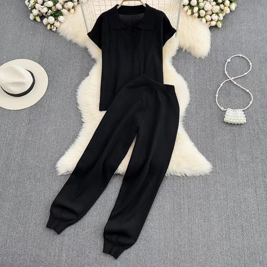 Damen elegantes Lounge-Set mit kurzärmligem Polo und weiten Hosen EB
