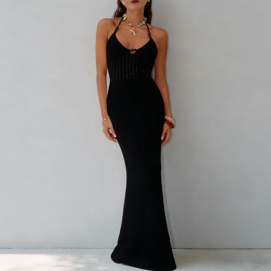 Damen elegantes Strickmaxikleid mit raffinierten Details EB