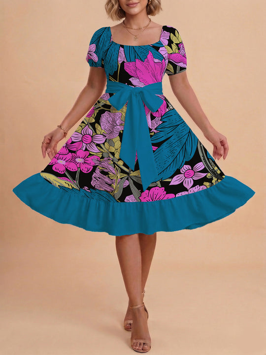 Damen modernes Blumenkleid mit elegantem Taillengürtel und asymmetrischem Saum EB