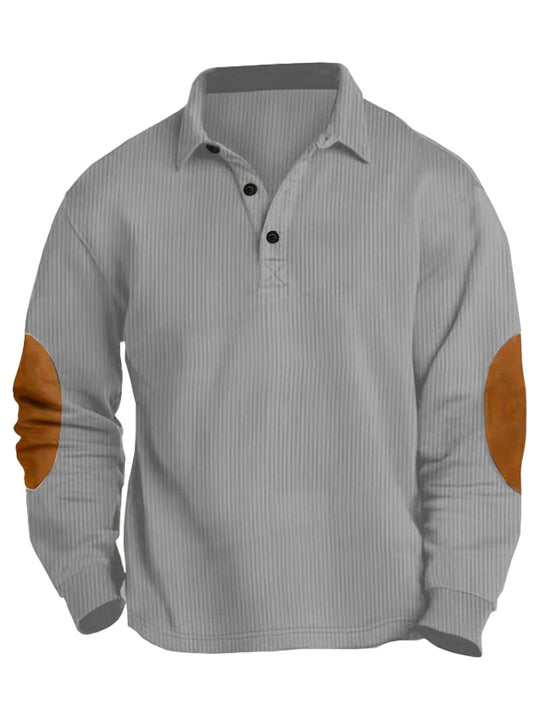 Herren nan legeres Langarm-Poloshirt mit Hemdkragen, kurzer Knopfleiste, feiner Struktur und Velours-Ellenbogenbesatz EB