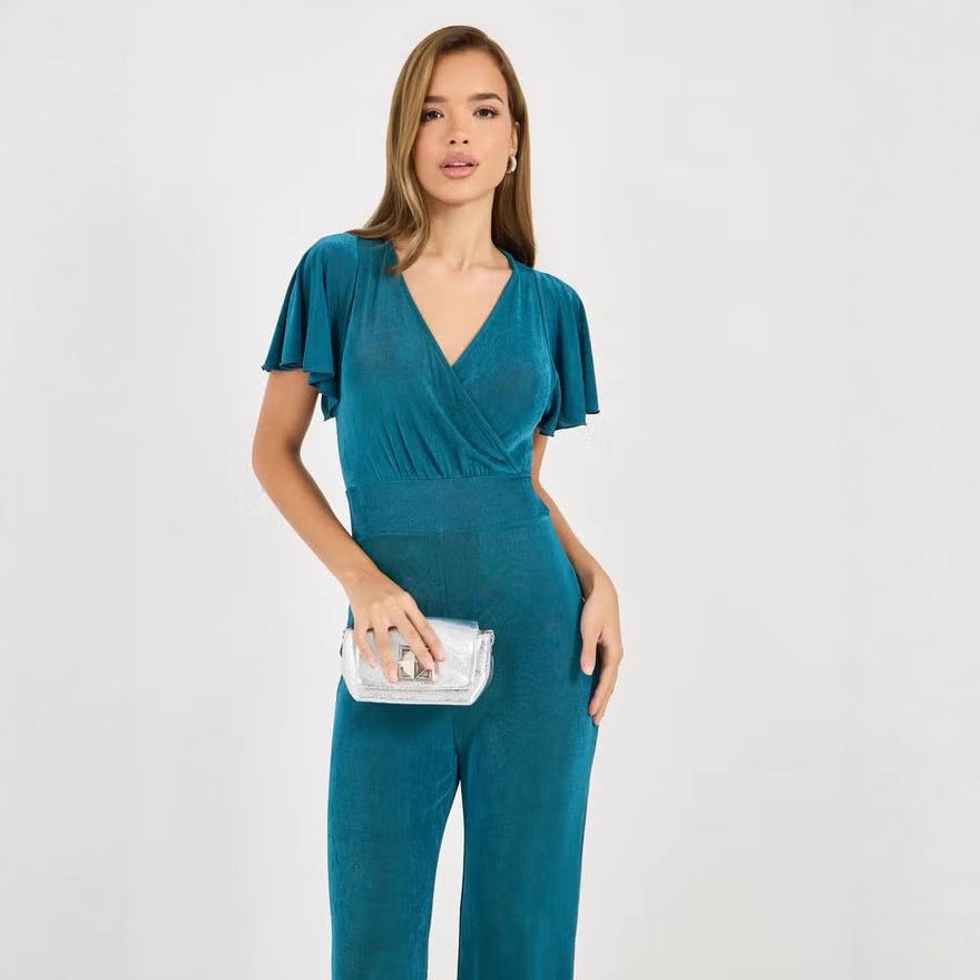 Damen eleganter Jumpsuit mit fließendem Schnitt und detailreichen Puffärmeln EB