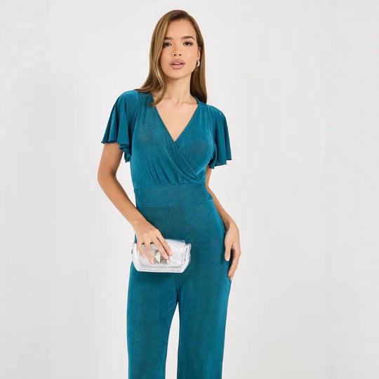 Damen eleganter Jumpsuit mit fließendem Schnitt und detailreichen Puffärmeln EB