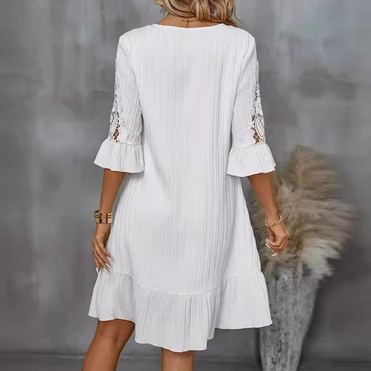 Damen Kurzarm Kleid mit voluminösem Saum und Spitzenärmeln Heidi-Mode