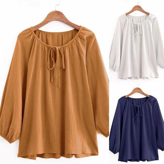 Damen Bluse mit elegantem Rundhalsausschnitt und knieumspielenden Puffärmeln EB