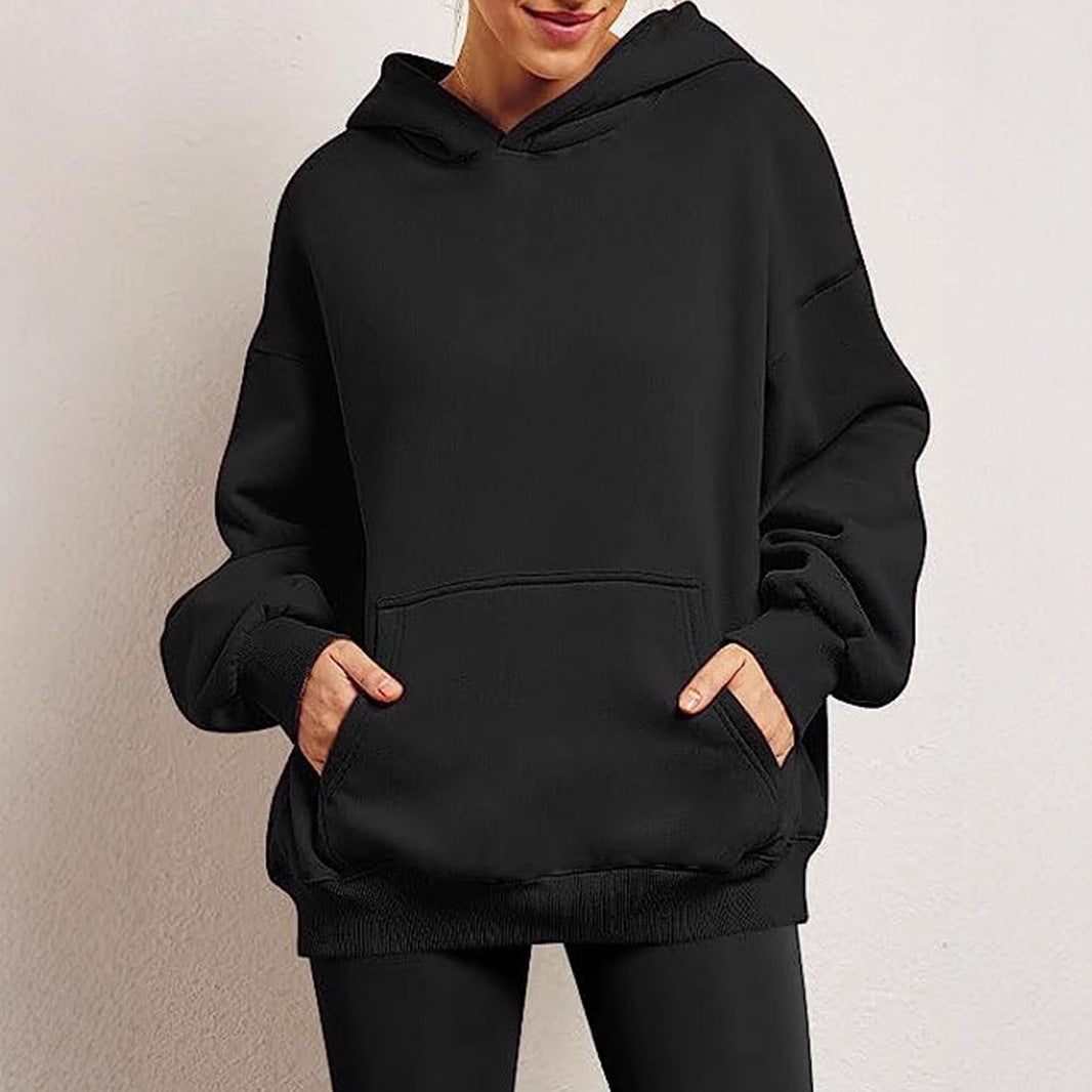 Damen nan Oversize-Kapuzenpullover mit verlängertem Rückenteil, innen angerautem Fleece und Kängurutasche EB