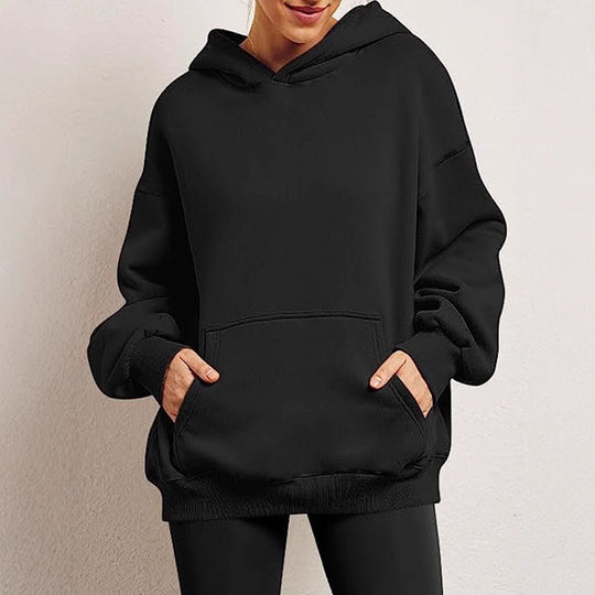 Damen nan Oversize-Kapuzenpullover mit verlängertem Rückenteil, innen angerautem Fleece und Kängurutasche EB