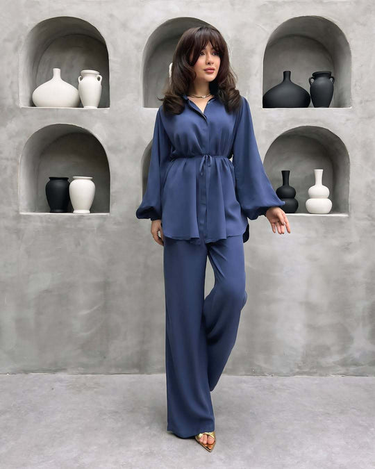 Damen elegantes Set mit langer Bluse und weitem Hosen EB