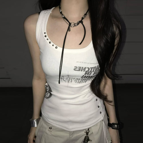 Damen Trendiges Oversized Tanktop mit auffälligem Grafikdruck und Rüschen EB