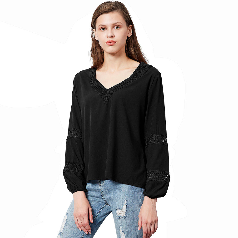 Damen luftige Bluse mit V-Ausschnitt und Spitzenbesatz EB