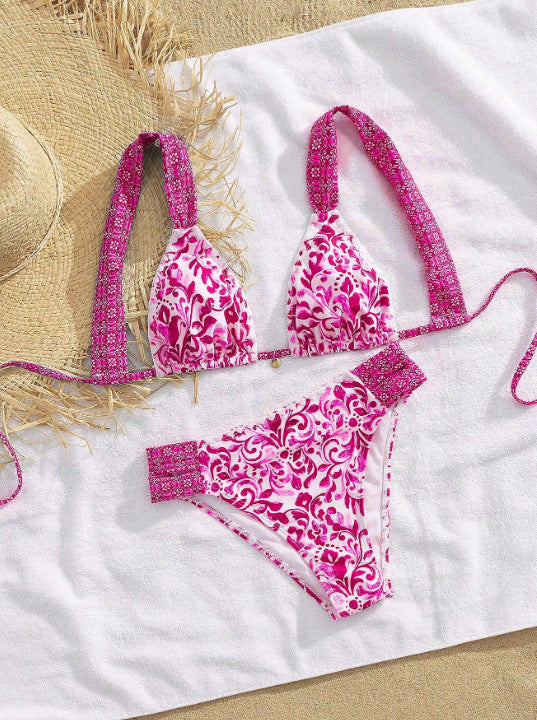 Damen Bikini mit dekorativen Rüschen und elegantem Muster EB