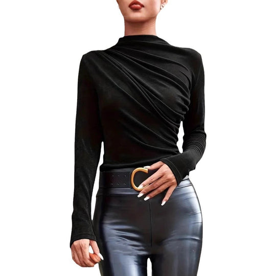 Damen elegantes Langarmshirt mit luxuriösem Drapierungsdesign und schickem Stehkragen EB