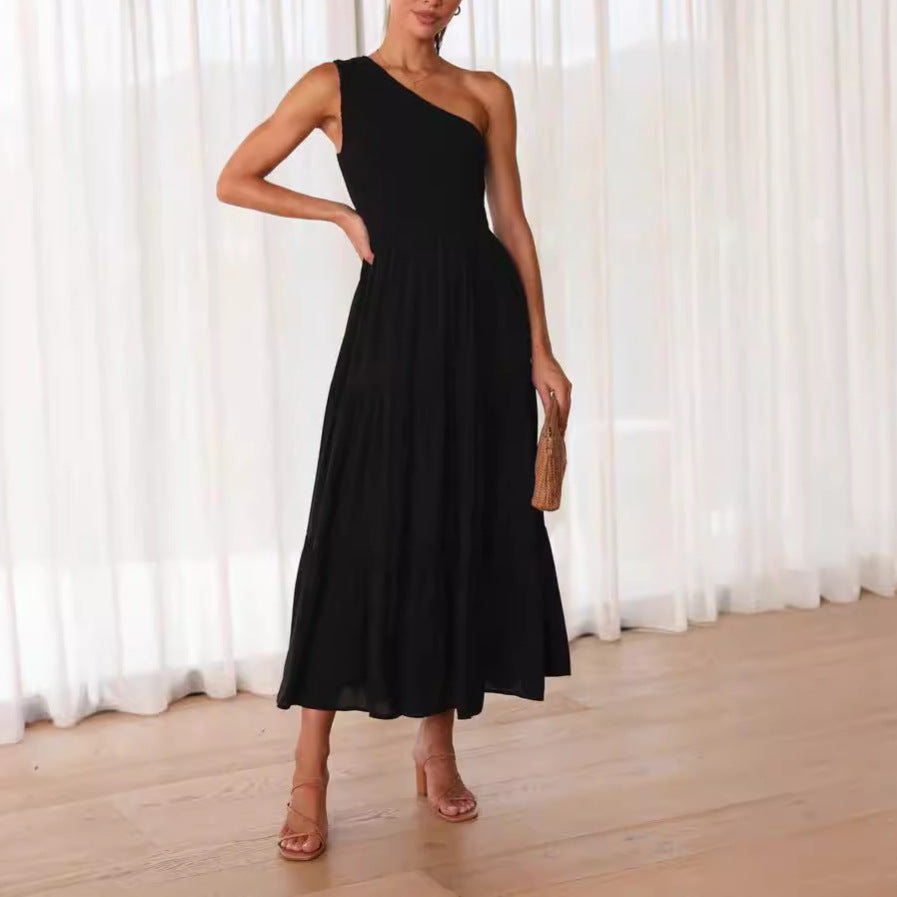 Damen Elegantes One-Shoulder-Maxikleid mit fließendem Rock EB