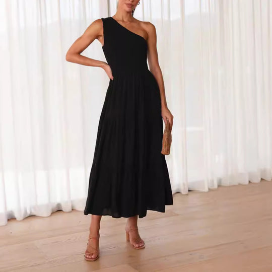 Damen Elegantes One-Shoulder-Maxikleid mit fließendem Rock EB