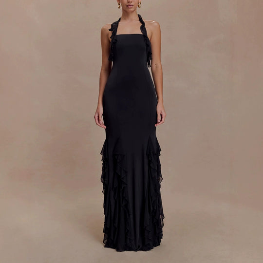 Damen Elegantes Langarm-Maxikleid mit Rüschendetails EB