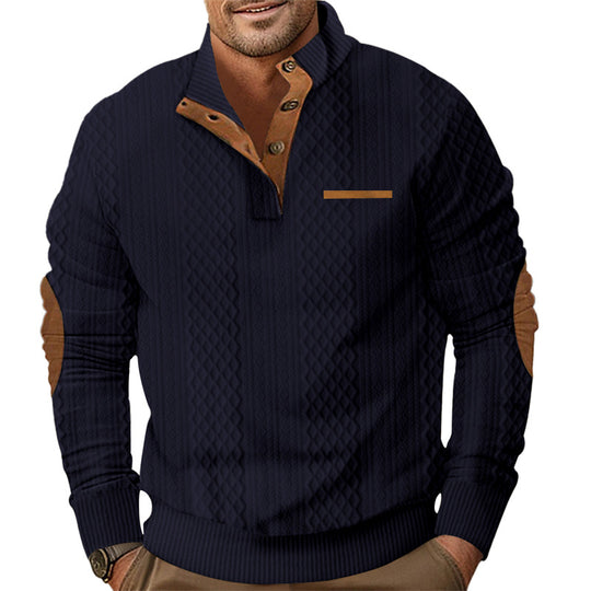 Herren nan strukturiertes Halbknopf-Pullover mit gesteppter Oberfläche, Ellbogen-Patches und Stehkragen EB