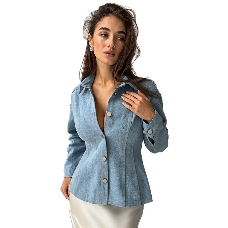 Damen taillierte Jeansbluse mit Knopfdetails EB
