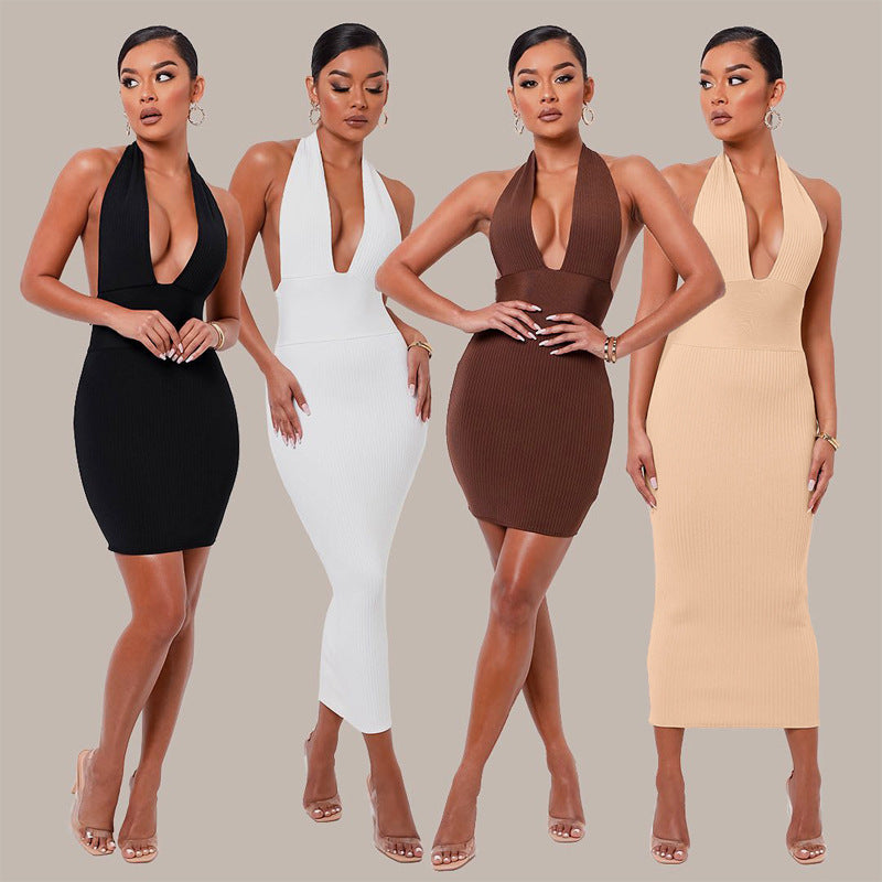 Damen figurbetontes Strickkleid mit tiefem Ausschnitt und schmalem Schnitt EB