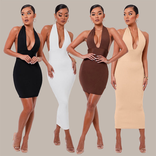 Damen figurbetontes Strickkleid mit tiefem Ausschnitt und schmalem Schnitt EB