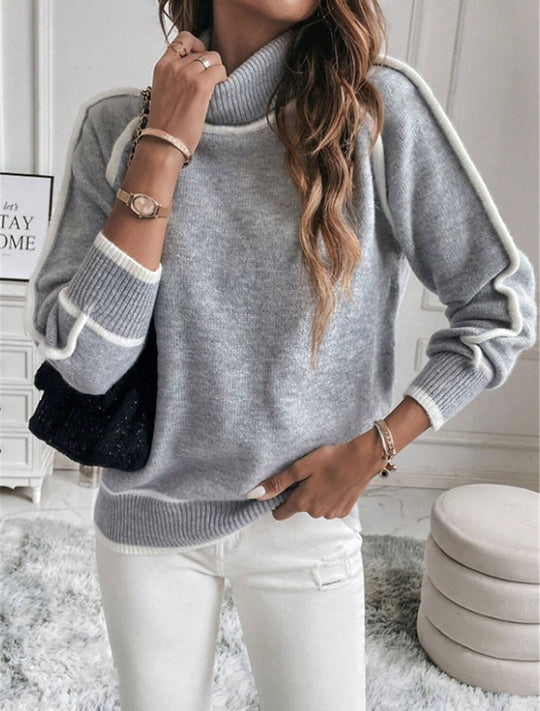 Damen Eleganter Rollkragenpullover mit Strukturierter Strickoberfläche und Farblich Abgesetzten Akzenten EB