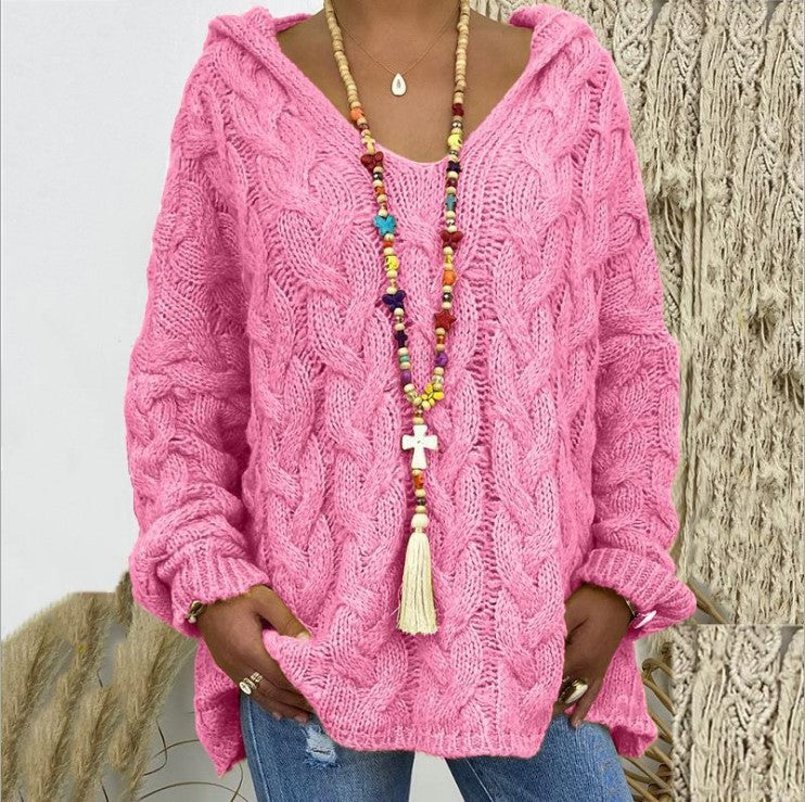 Damen nan oversized Kapuzenpullover mit Zopfmuster, tiefem V-Ausschnitt und seitlichen Schlitzen EB