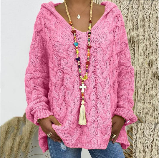 Damen nan oversized Kapuzenpullover mit Zopfmuster, tiefem V-Ausschnitt und seitlichen Schlitzen EB