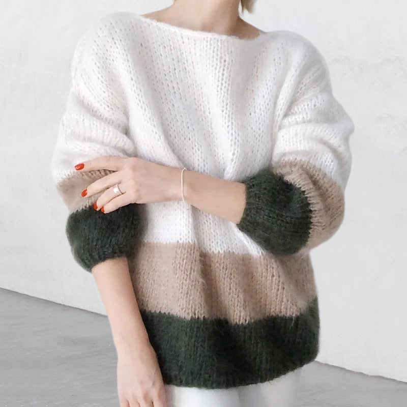 Damen Grobstrickpullover mit modernem Blockmuster und lässigem Schnitt EB