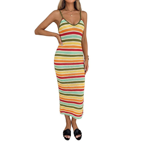 Damen Strick-Kleid im lässigen Streifenmuster mit schmalen Spaghetti-Trägern EB