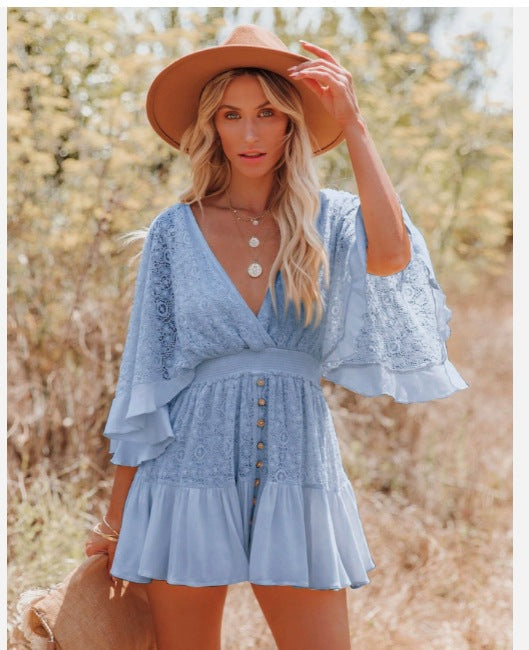 Damen Sommerliches Spitzenkleid mit weitem Schnitt und Knopfdetails EB