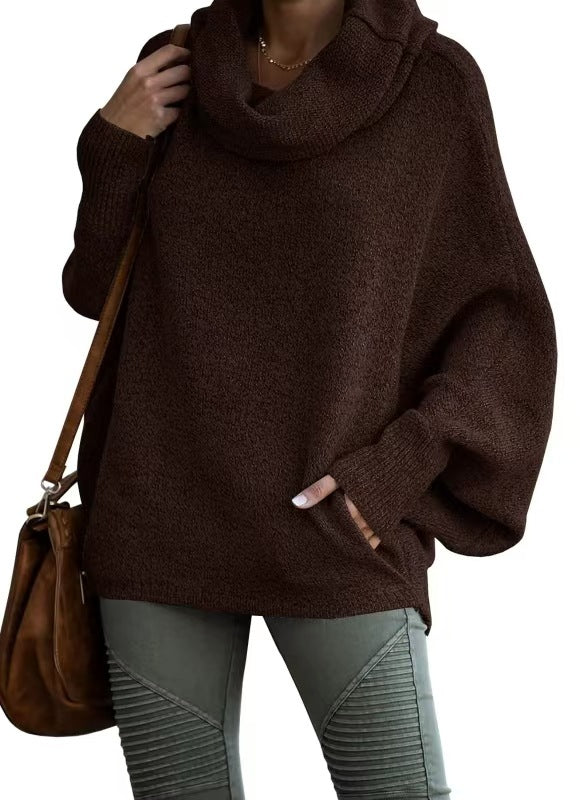Damen lässiger Strickpullover mit weichem Stehkragen und weit geschnittenen Ärmeln EB