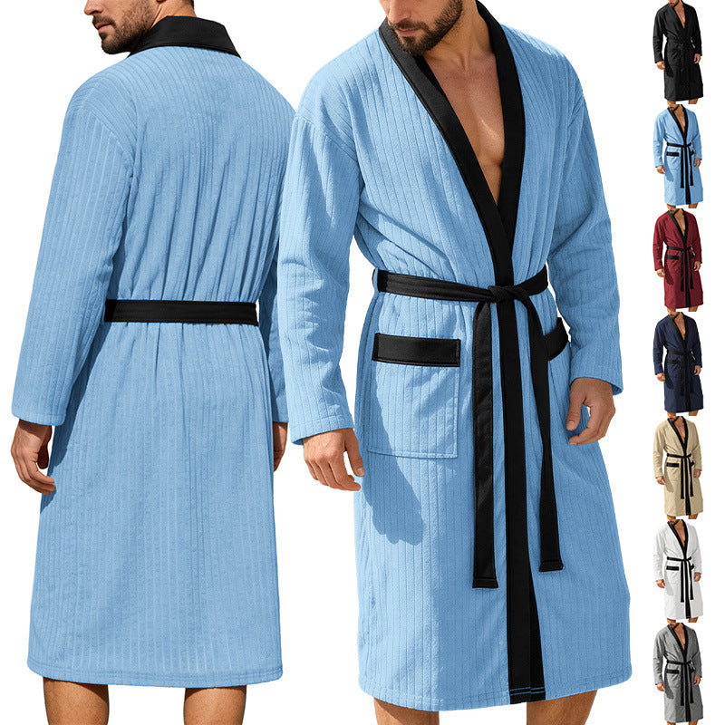 Herren nan wadenlanger Rippen-Bademantel im Kimono-Stil mit Schalkragen und Kontrastpaspel EB