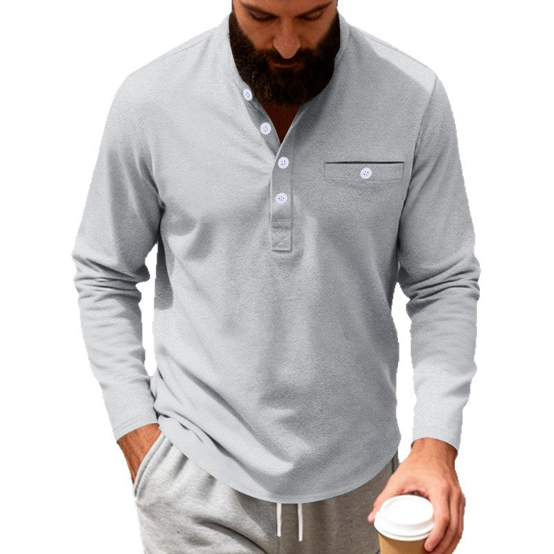 Herren nan langärmeliges Henley-Shirt mit Stehkragen, Brusttasche und dekorativer Knopfleiste EB