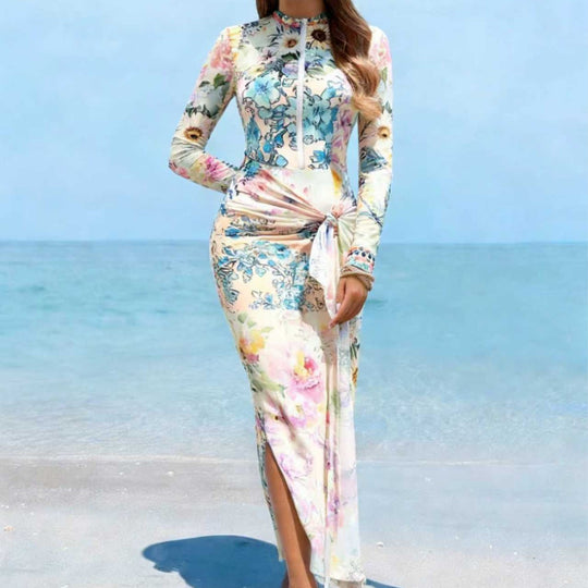 Damen Elegantes Langarm-Strandkleid mit floralem Design EB