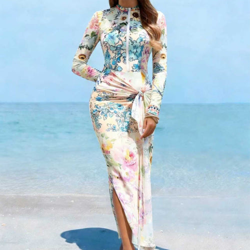 Damen Elegantes Langarm-Strandkleid mit floralem Design EB