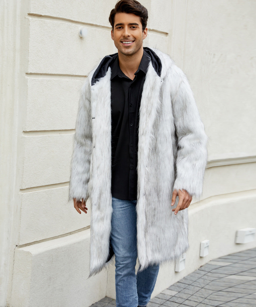 Herren Luxuriöser Kunstfellmantel mit Kapuze EB