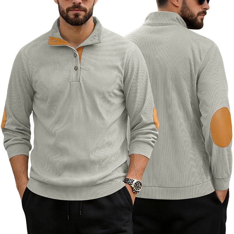 Herren nan lässiger Strukturpullover mit Polokragen, kurzer Knopfleiste und veganen Lederbesätzen EB