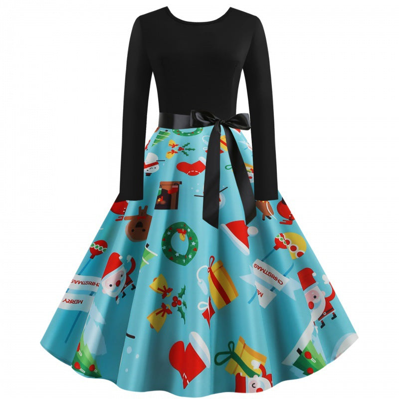Damen Retro-Festkleid mit kontrastiertem Oberteil, ausgestelltem Tellerrock und Satintaillengürpe EB