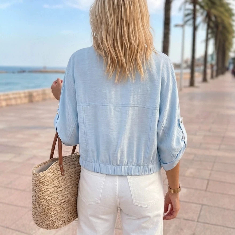 Damen Leichte Chambray-Boxy-Jacke mit Gummibund, Druckknöpfen und aufgesetzten Brusttaschen EB