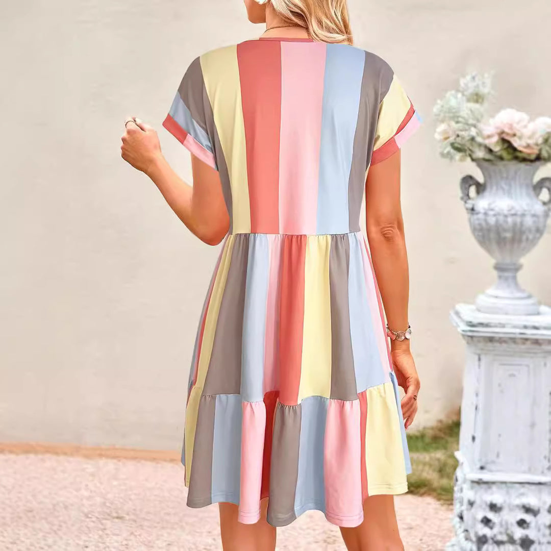 Damen lässiges Sommerkleid im modernen Streifendesign mit V-Ausschnitt und Volant EB