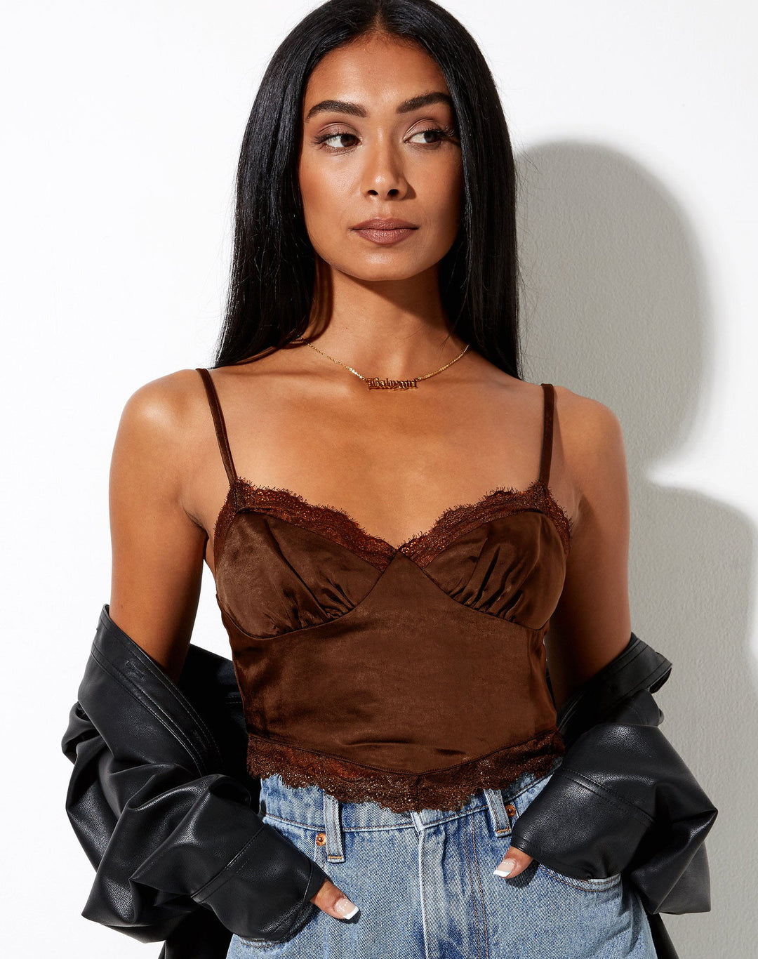 Damen Satin-Cami mit feiner Spitzenkante EB