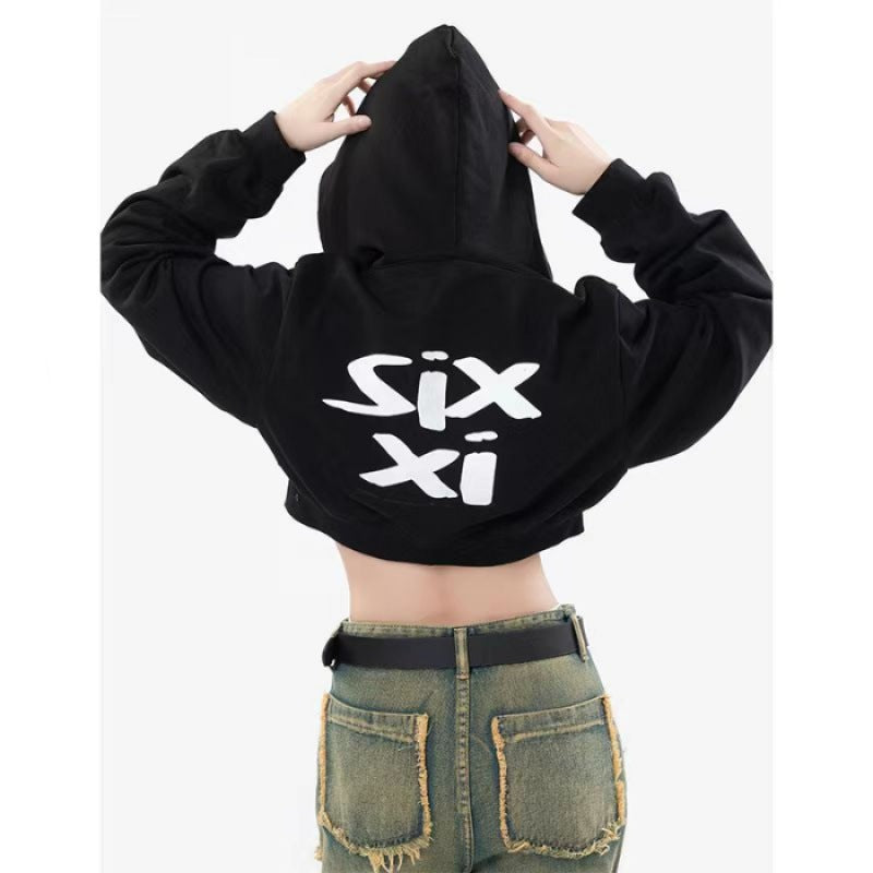 Damen nan cropped Kapuzenpullover im Streetwear-Style mit auffälligem Rückenprint und geripptem Saum EB