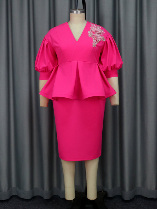 Damen elegantes A-Linien Kleid mit modischen Puffärmeln und floralem Akzent EB