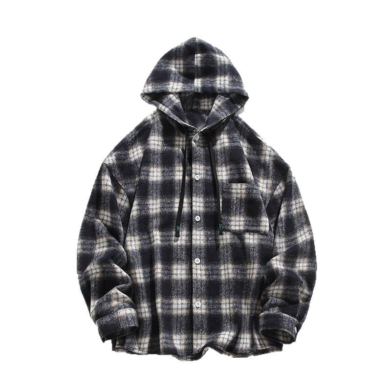 Herren Karierte Flanelljacke mit Kapuze und Knopfverschluss EB