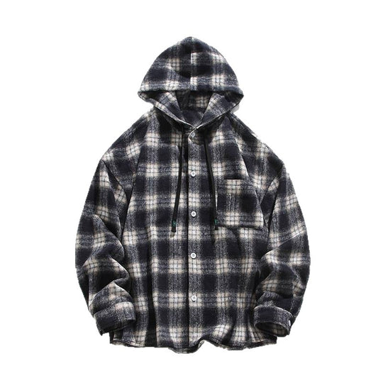 Herren Karierte Flanelljacke mit Kapuze und Knopfverschluss EB