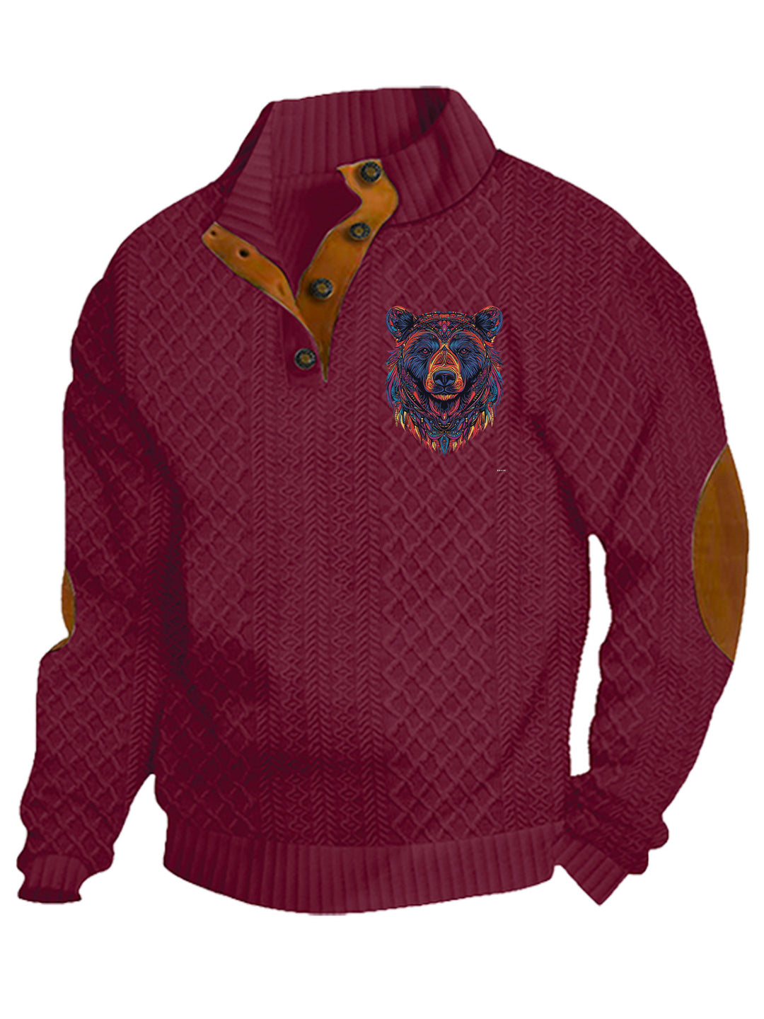 Herren nan Heritage-Strukturpullover mit Stehkragen Lederimitat-Besatz Ellenbogen-Patches und Halbknopfleiste EB