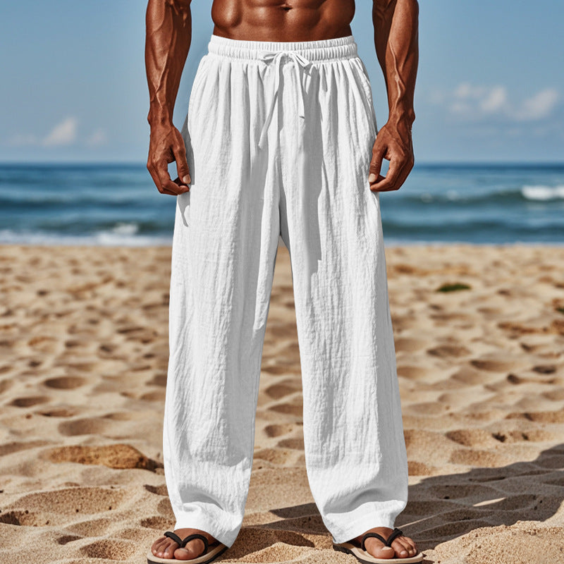 Herren Leichte Leinenhose mit weitem Schnitt, Elastikbund und Kordelzug EB