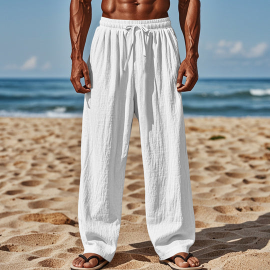 Herren Leichte Leinenhose mit weitem Schnitt, Elastikbund und Kordelzug EB