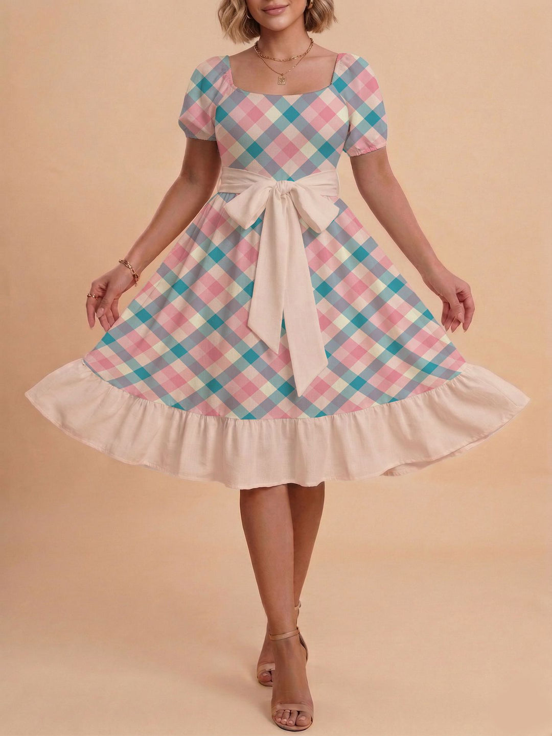 Damen Verspieltes Maxikleid mit Bärenmuster und taillierbarem Band EB