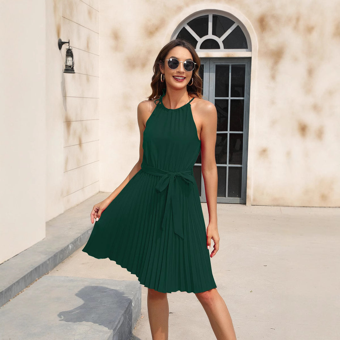 Damen Plissiertes Sommerkleid mit tailliertem Gürtel und Halterneck EB